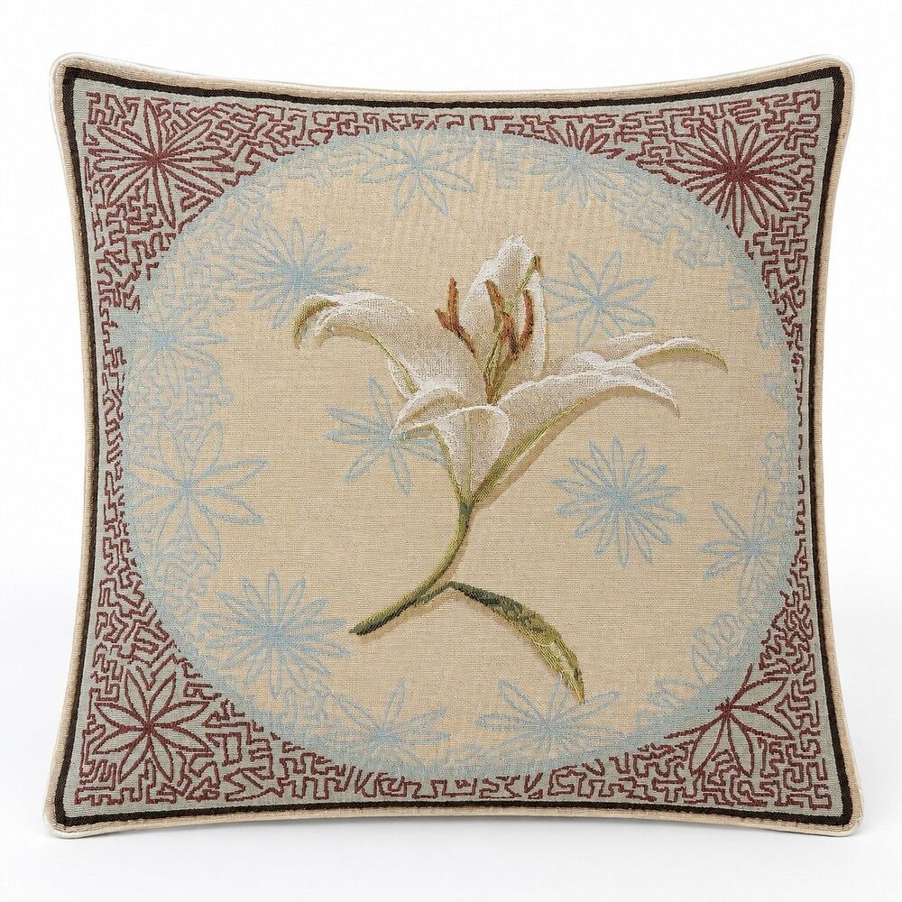 IOSIS Paris White Lily Floral Tapestry Pillow Cover 18"x18" Cotton Cottagecore